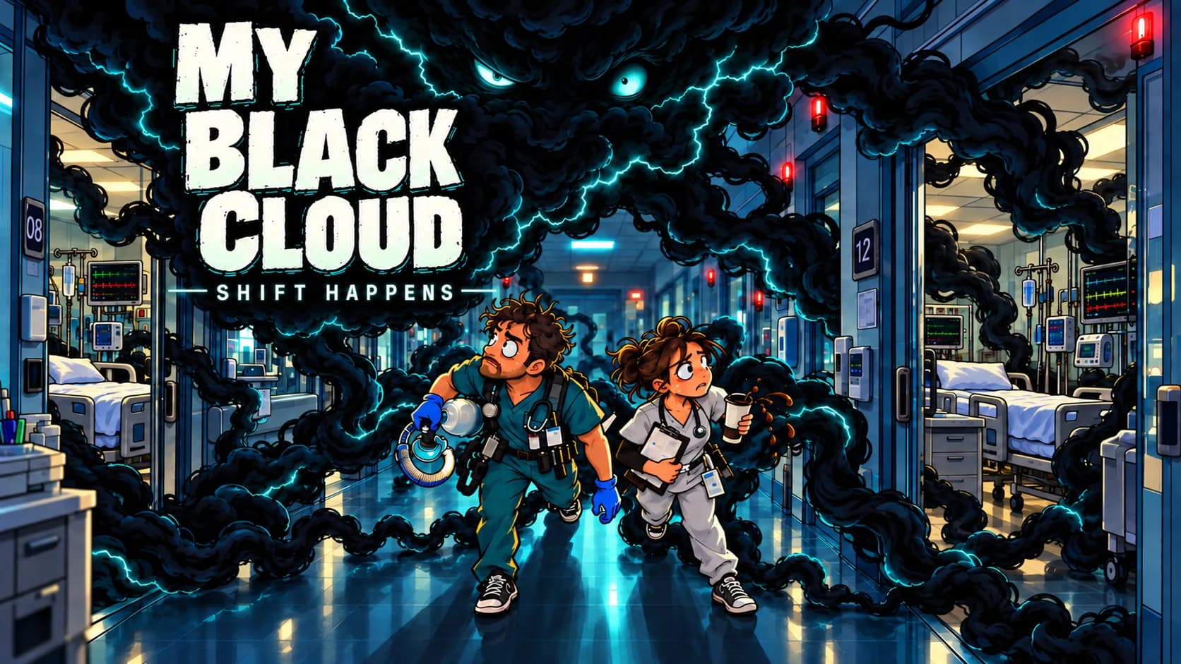 MyBlackCloud hospital hallway art with a dark cloud and healthcare staff